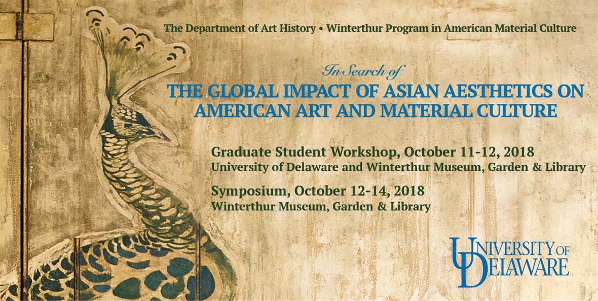A banner for the symposium event featuring a painting of a peacock with a gold