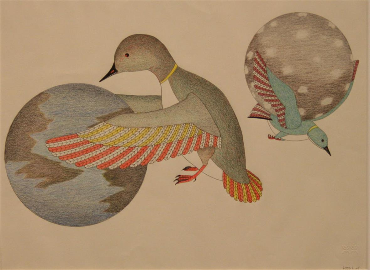 A colorful illustration of a bird bird holding the world with its wings in the foreground, and another bird holding up a similar sphere with its back in the background.
