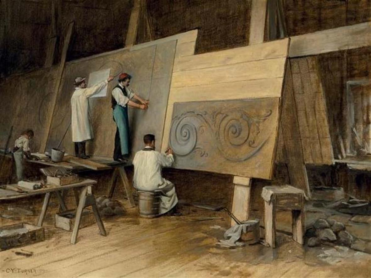 An oil painting of men painting on large canvases