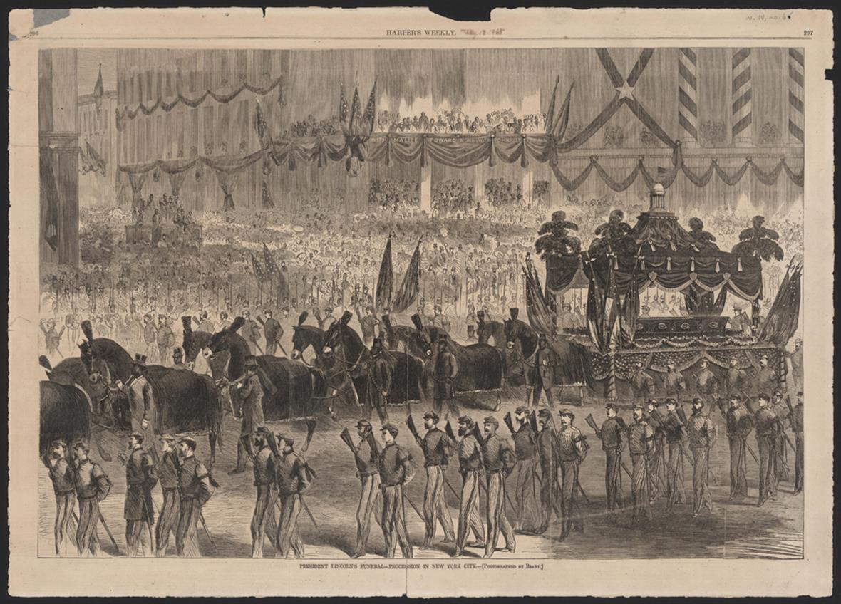 a detailed illustration of Lincolns funeral from 1865. There is a large crowd in the background. In the foreground there is a row of soldiers, walking next to a train of horses drawing a carriage with Lincolns coffin in it.