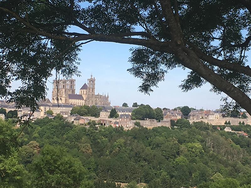 Laon Cathedral in the distance surrounded by trees