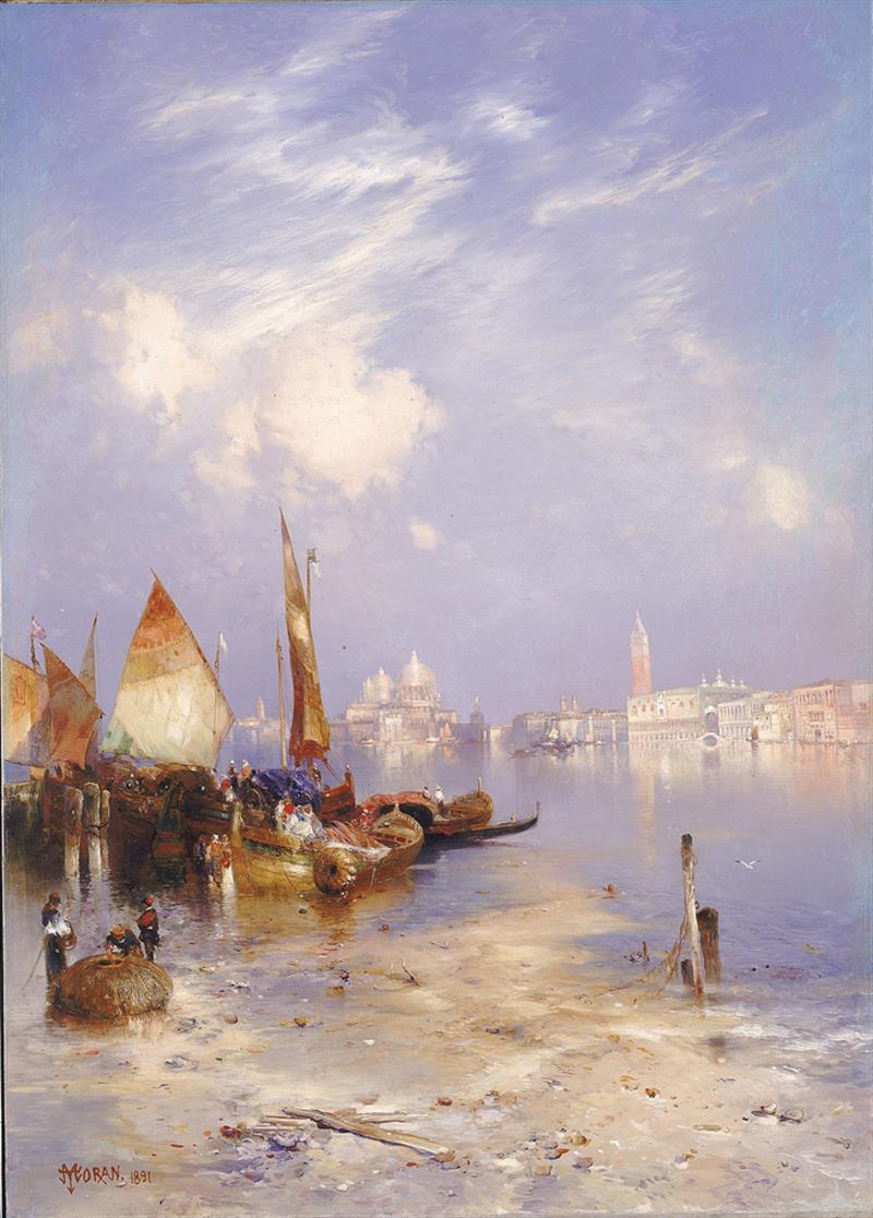 Thomas Moran's "A View of Venice" featuring boats on a shore with the city of Venice in the background.