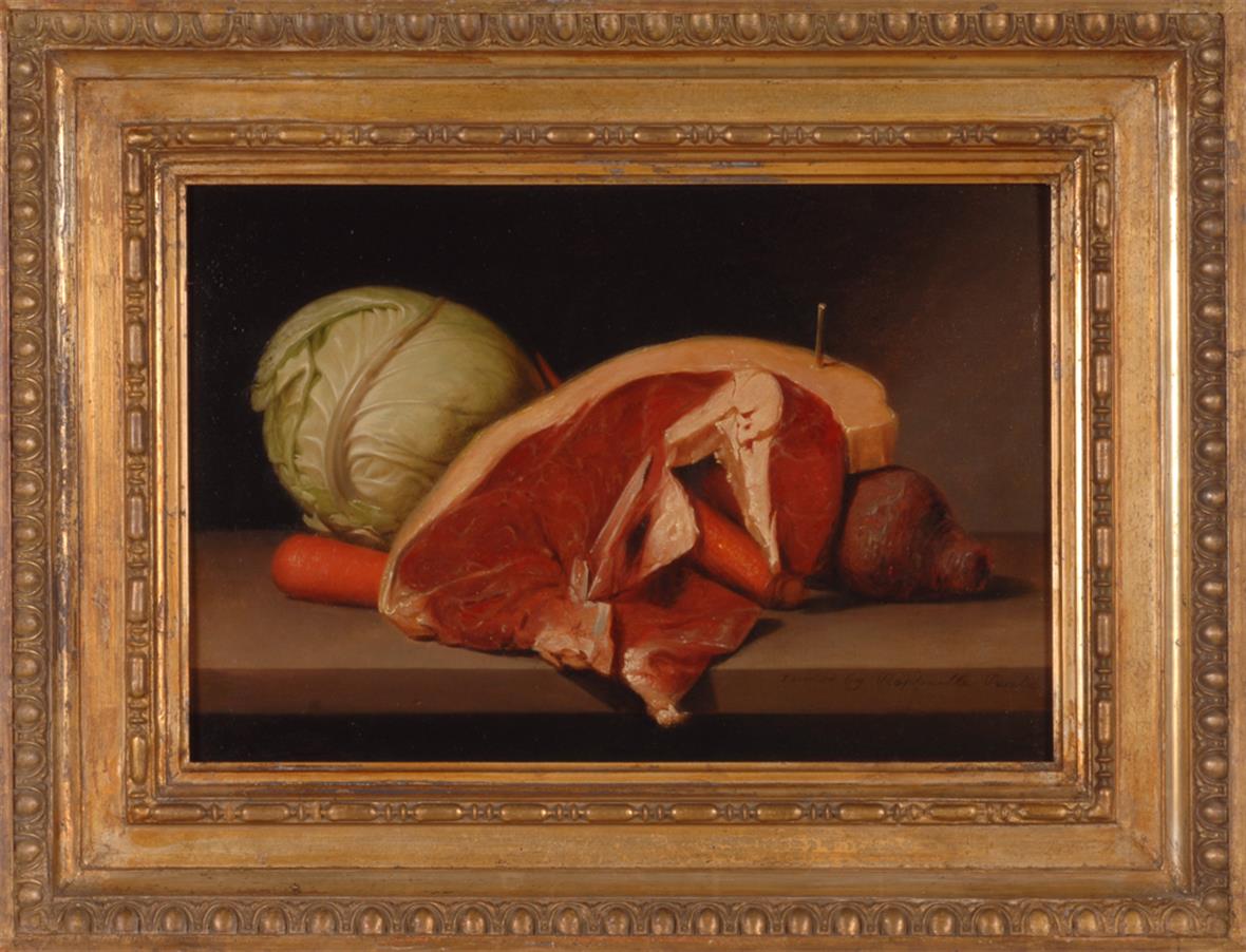 a still-life painting of meat, carrots, and a head of cabbage