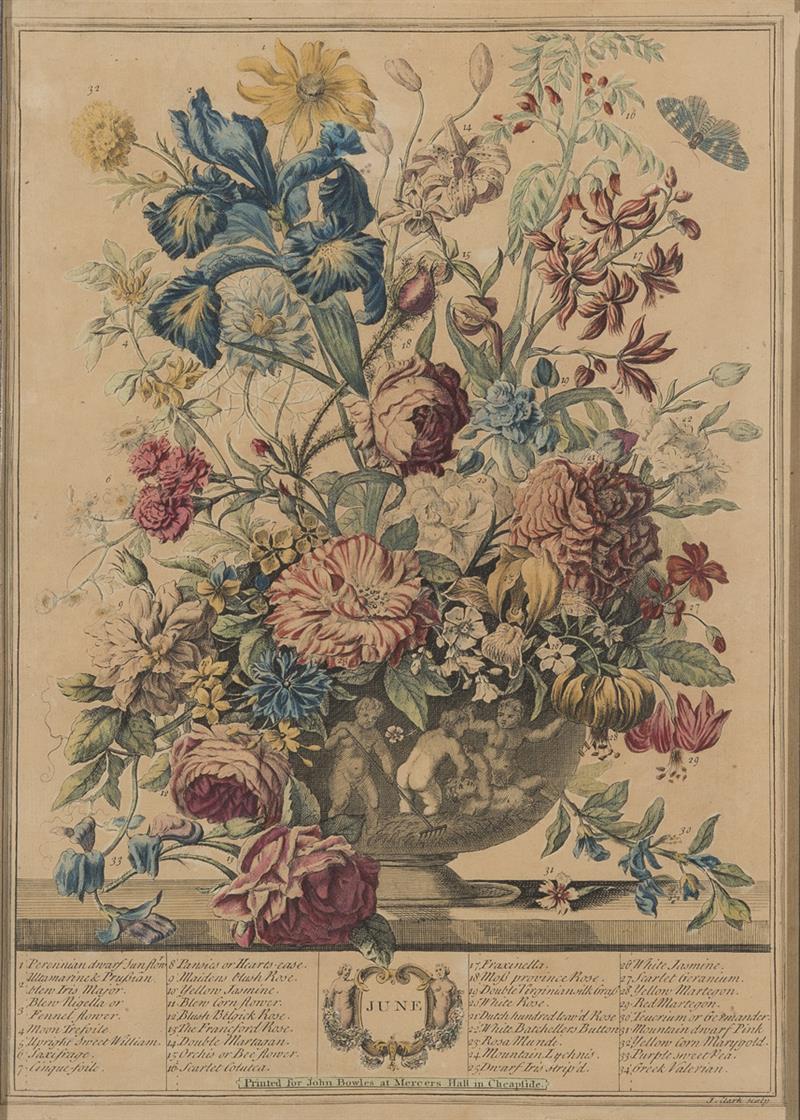 "June" is a color etching of a floral arrangement 