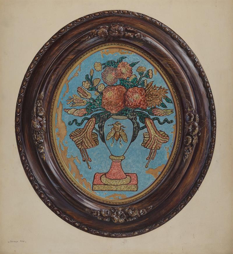 A tinsel painting by George File depicting flowers in a vase