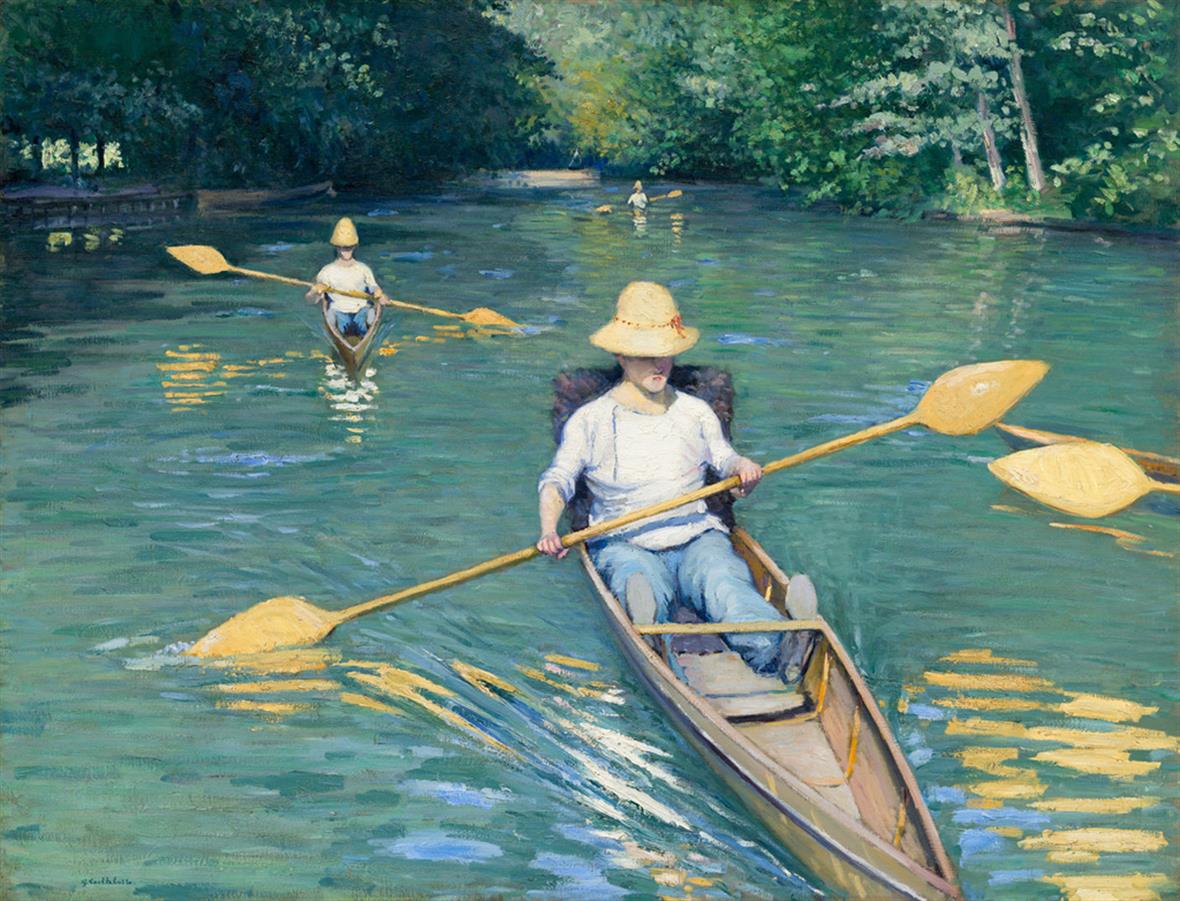 Caillebotte's painting, Skiffs, which features two men canoeing in a pond. 