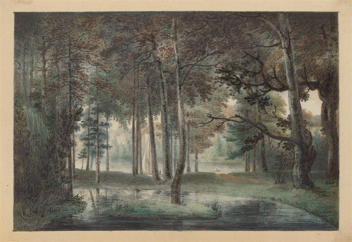 A forest landscape with muted greens and grays and hints of brown in some of the leaves of the trees. There is a stream in the foreground and a lake in the background. You can see in the distance, very faintly, two people on the lake in a canoe.