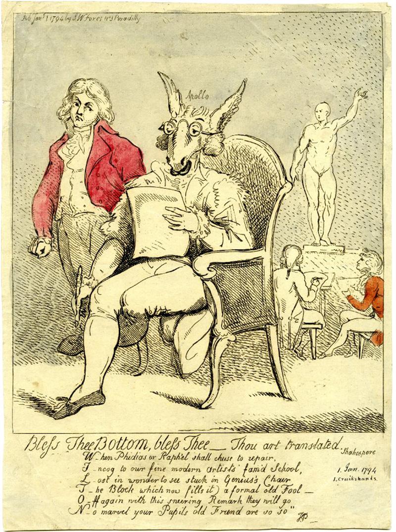Bottom sits in an arm-chair directed to the left, wearing spectacles on his ass's forehead. In his right hand is a piece of charcoal in a holder, in his left is a paper, which he is studying. Above his head is etched 'Apollo'. On the left stands a man looking over Bottom's shoulder, his fists clenched. Behind (right) two students (seated) draw from the antique, a nude male statue on a pedestal just above the level of their heads.