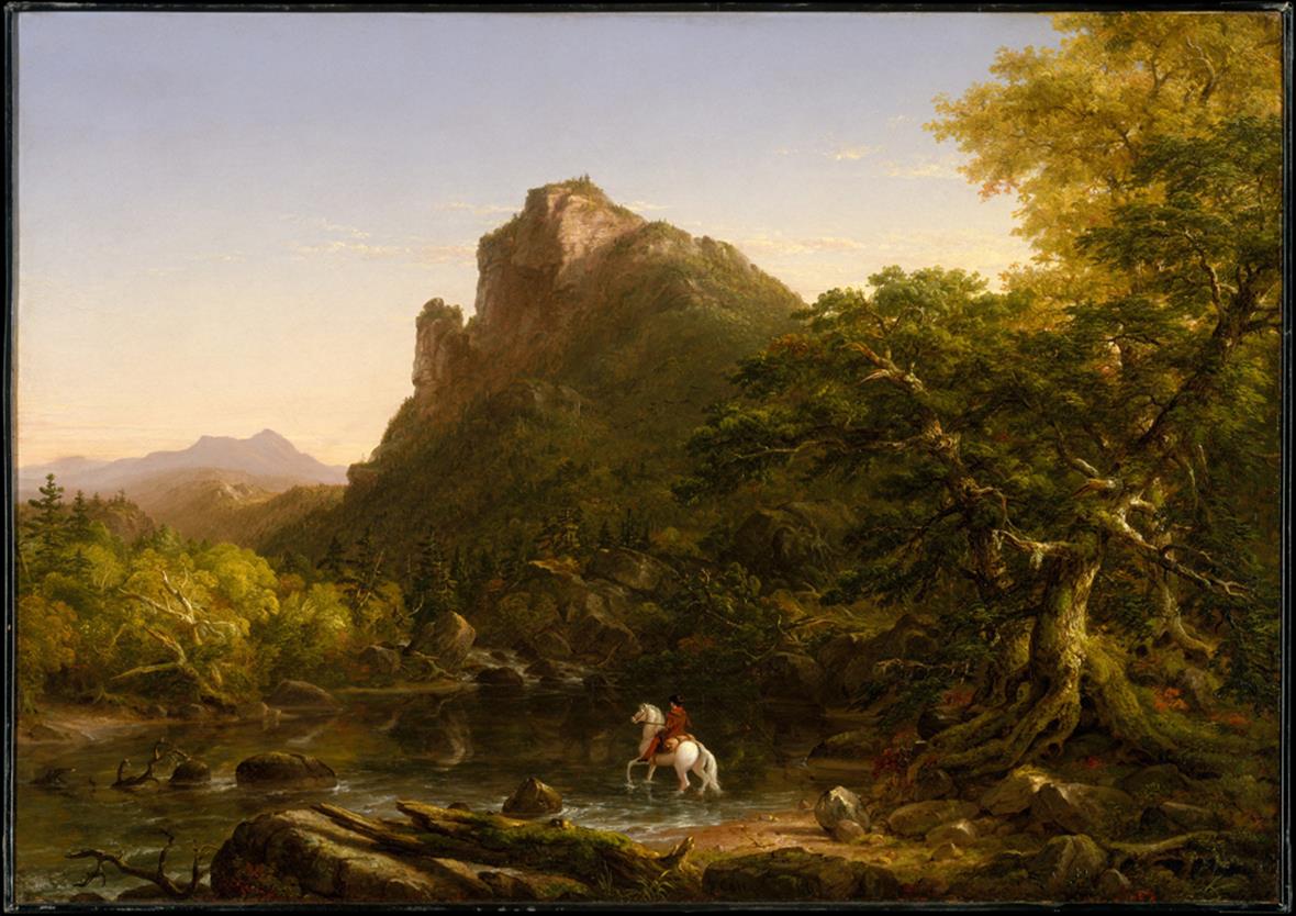 a landscape oil painting with a large rock formation in the center, surrounded by trees and greenery. In the center of the painting there is a person on a white horse who is small in comparison to the rest of the scene. The horse is crossing a very shallow stream