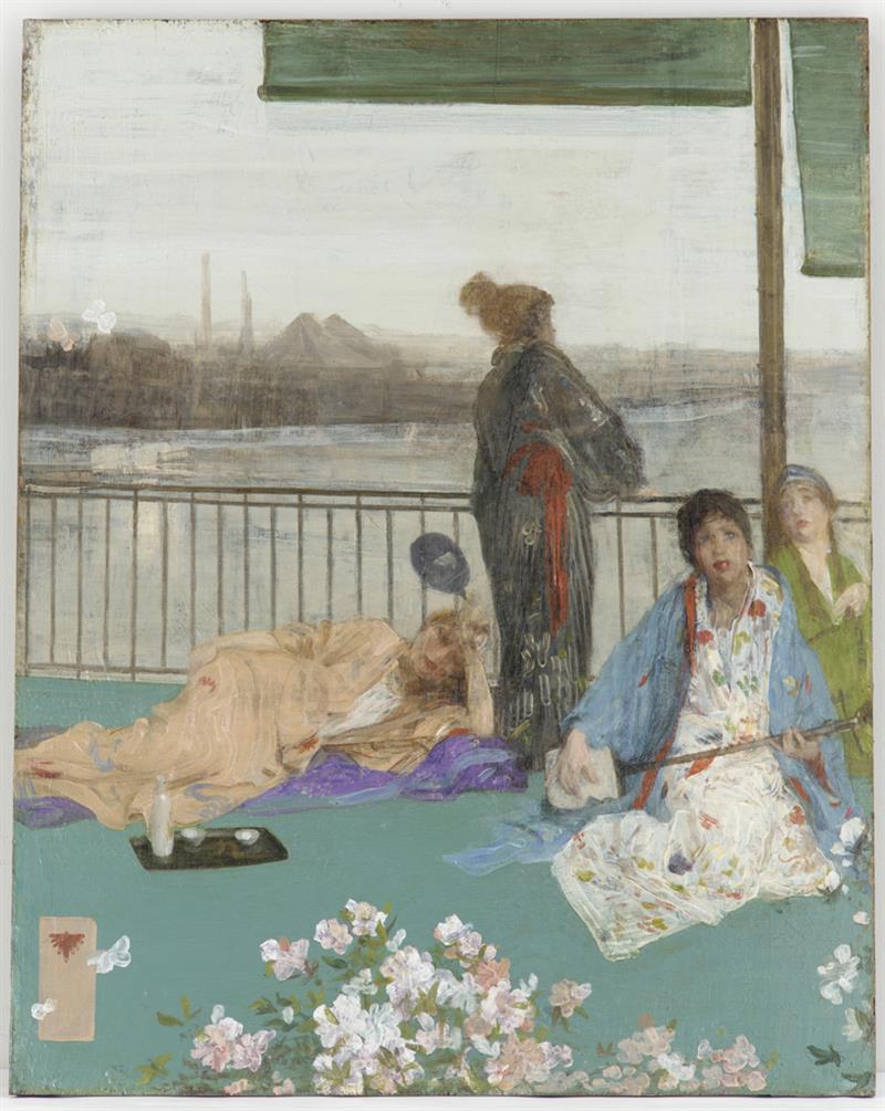 A painting with four women on a balcony. Three are lying down and one is looking over the railing. 