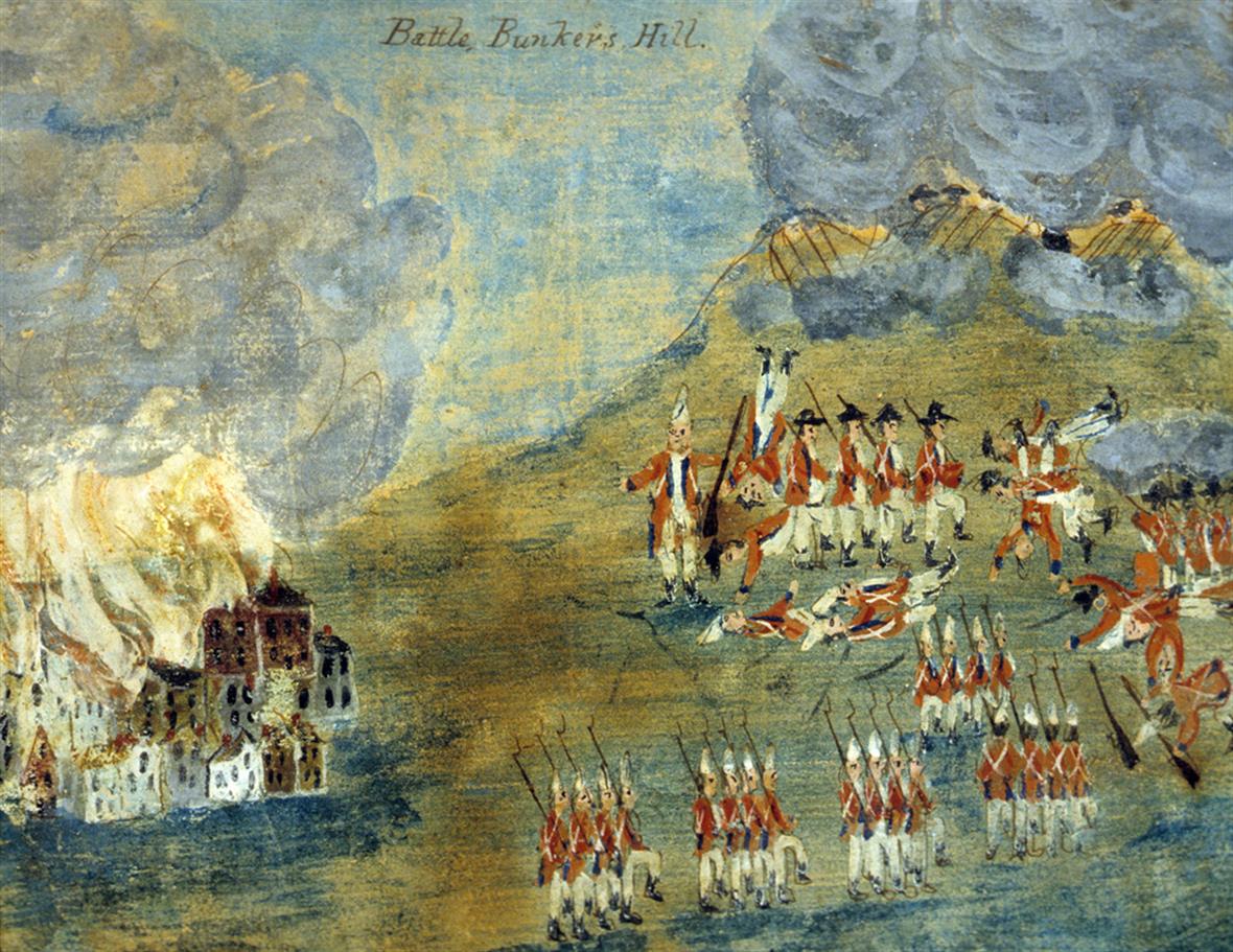 slightly rudimentary painting of the battle of bunker hill. On the right side of the painting there are soldiers in red uniforms marching away from a series of burning houses on the left side of the painting. some of the soldiers are down on the ground.