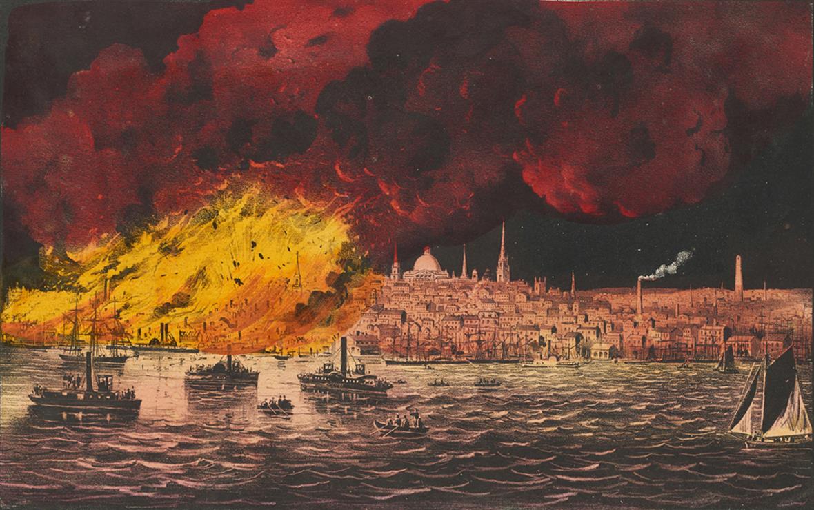 A painting of a fire near a harbor next to a large city at night. There are ships on the water in front of the fire, which are illuminated by the flames, and there is smoke billowing up into the sky.