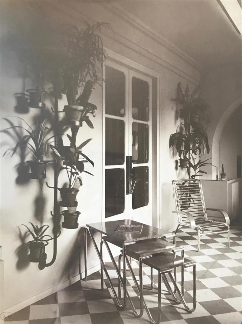 a black and white photo of part of a checker floor room. The wall has a window and several plants hanging on a tiered shelving system.