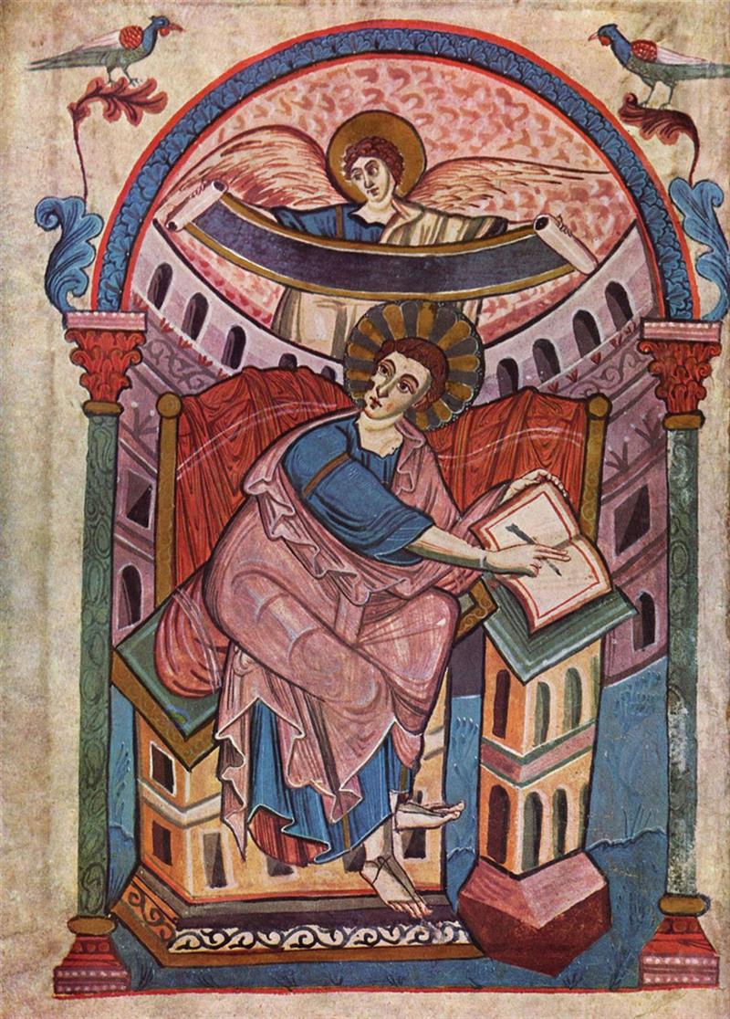 An illuminated manuscript showing an angel and a man reading a book