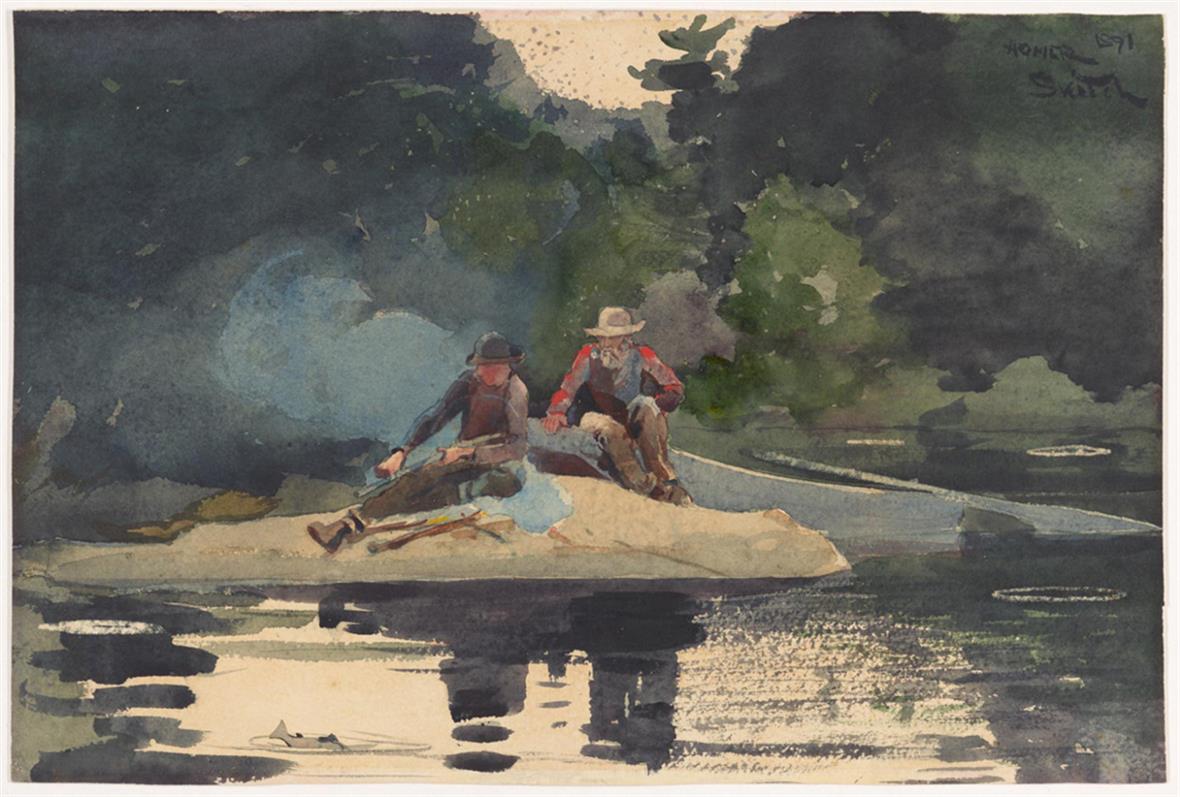 a watercolor painting with two men sitting on the edge of a body of water. The men appear to be older, one with a white beard. They are both wearing hats and there are impressions of trees in the background.