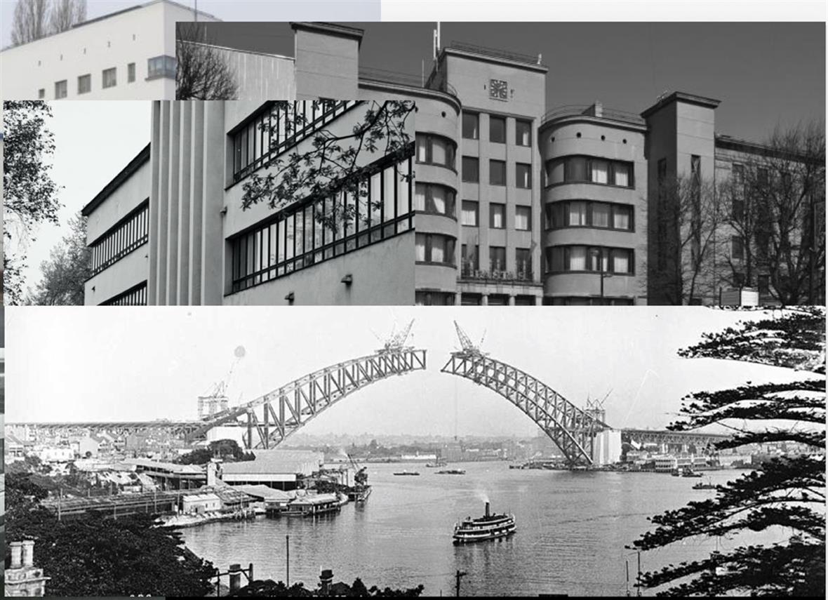 a collage of black and white photographs of buildings and Sydney's Harbour Bridge under construction