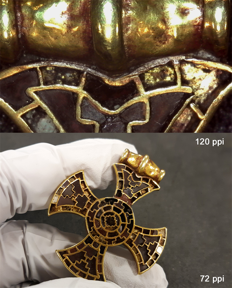 Image 1: Close up view of wear marks on a medieval cross pendant. Image 2: Full view of the medieval cross pendant. 