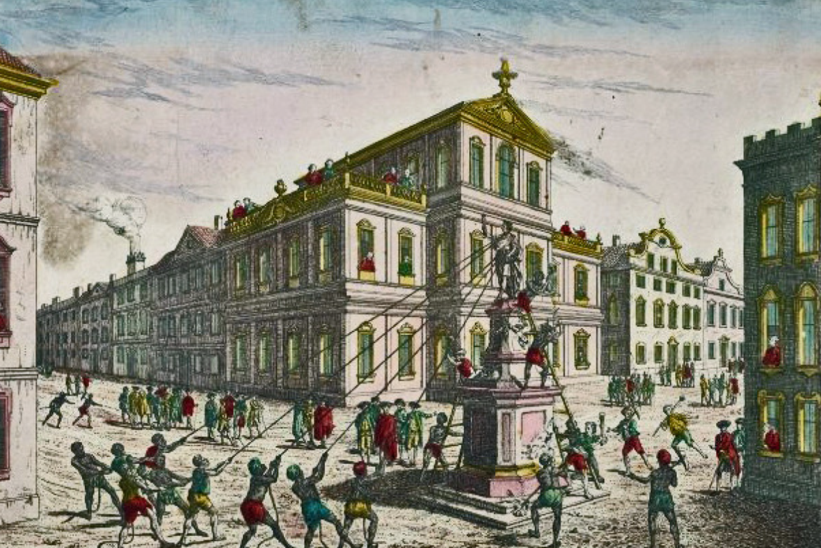 In "La destruction de la statue royale a Nouvelle Yorck," a large crowd pulls down a royal statue.