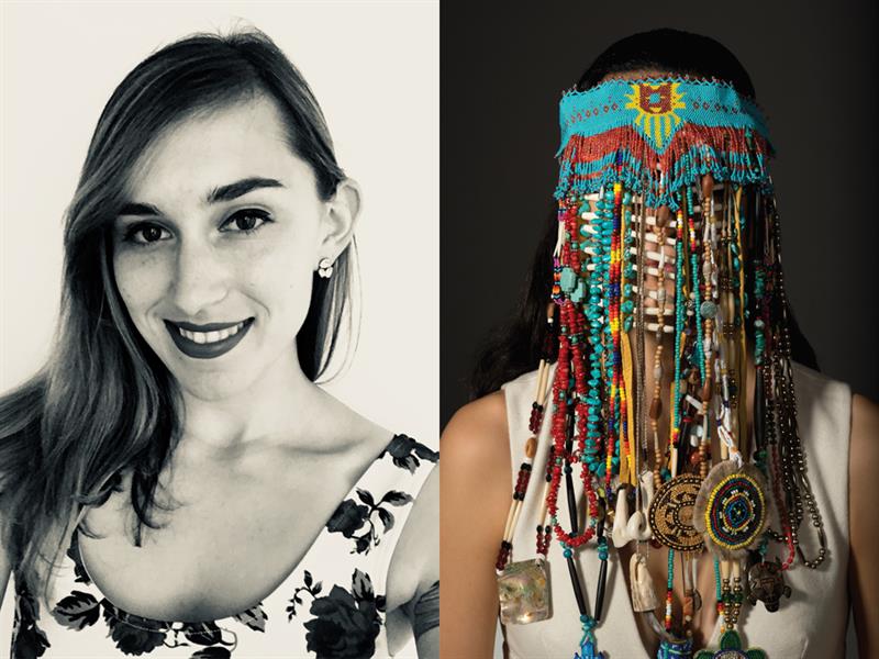 Left: Headshot of Zoë Colón (formerly Zoë Wray). Right: Beaded headdress by Dana Claxton