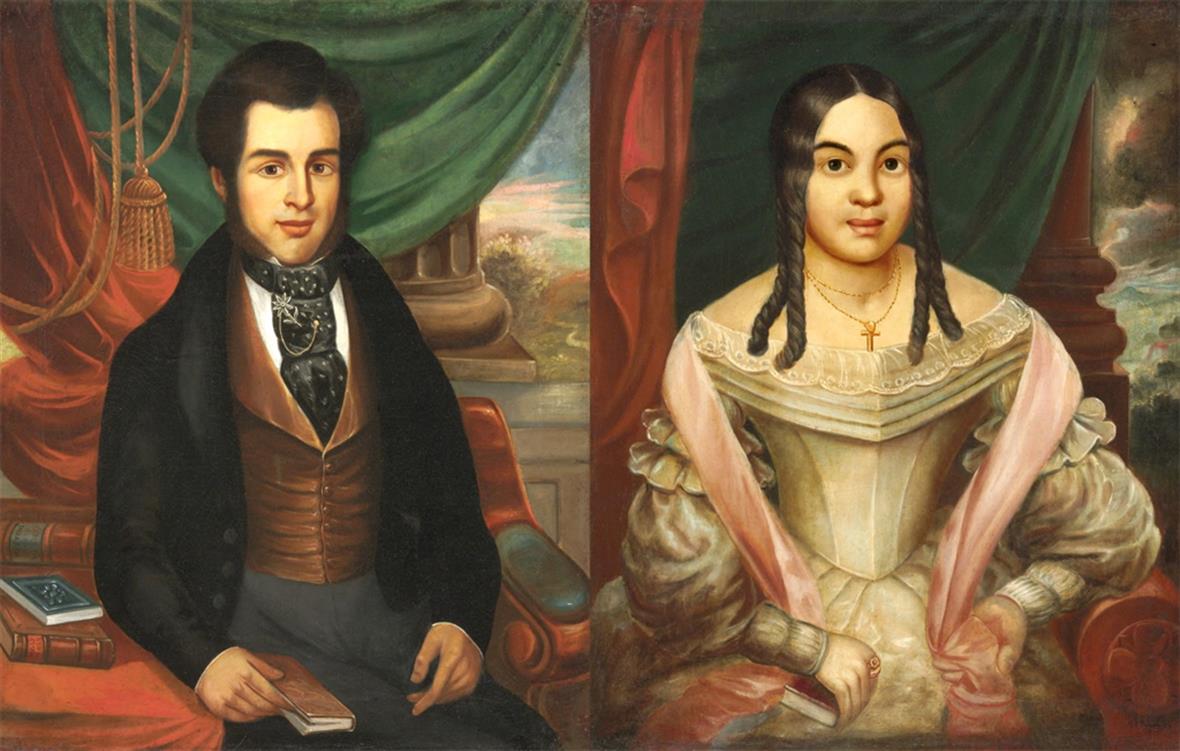 two paintings, 19th century, one man and one woman.