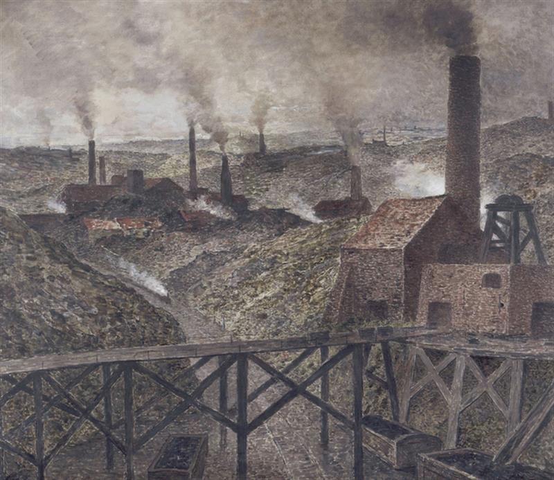 Landscape painting of buildings with smoakstacks emitting pollution into the sky.