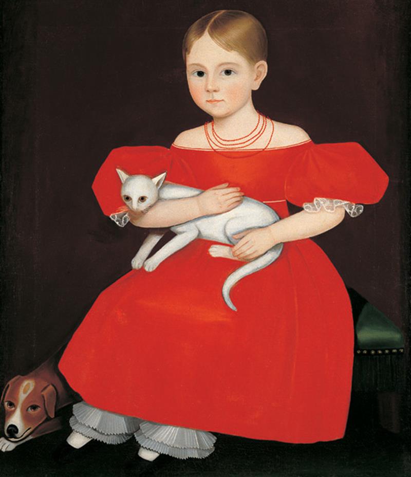 "Girl in Red Dress with Cat and Dog."