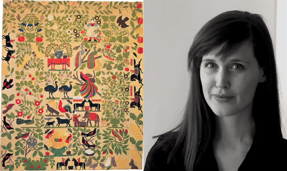 Left: Quilt with bird pattern. Right: Portrait of Emelie Gevalt.