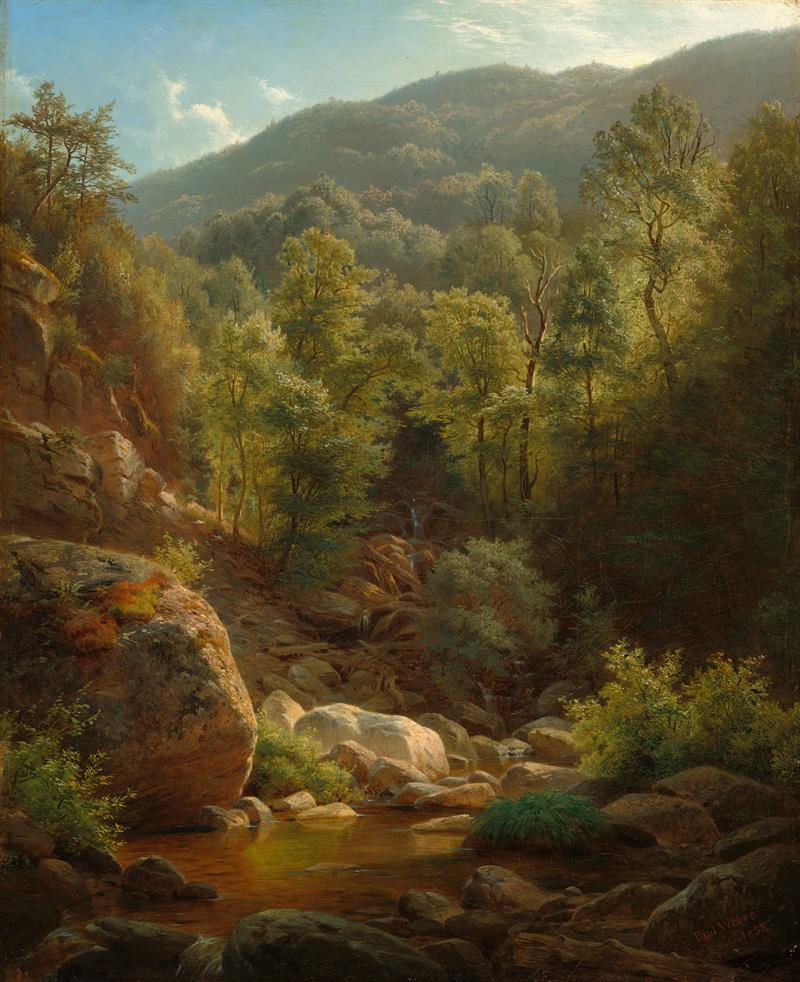 Landscape painting of moutain scene with trees and rocks.