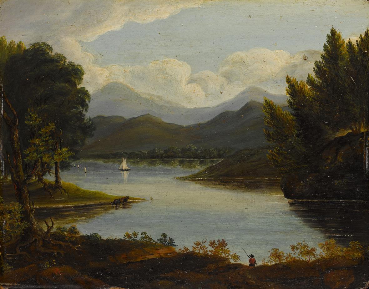 Landscape painting of the Hudson River. 