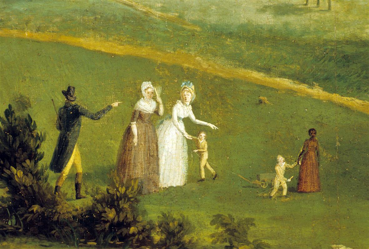 a pastoral scene depicting a family on their plantation with a young female slave taking care of one of their white children.